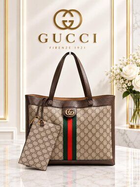 Authentic Gucci Ophidia GG Supreme Large Tote Bag Web Stripe w/ Pouch Bag